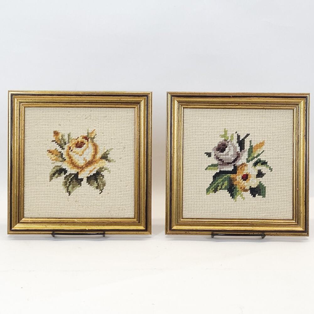 VTG Framed Floral Needlepoint Rose Bouquet Wall Art Cottage Shabby PAIR 8.75" - Picture 2 of 8